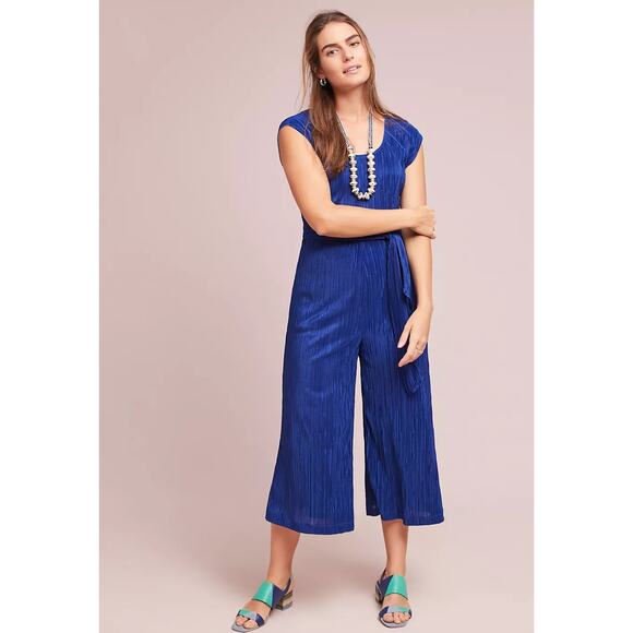 Maeve Anthropologie Sonata Blue Pleated One Piece Wide Leg Jumpsuit - Picture 1 of 12